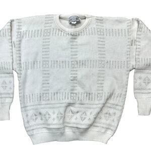 Kate Collins Vintage White Silver Crew Neck Sweater M Metallic Cabin Cottage